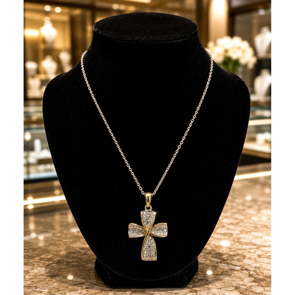 Sterling Silver 925 CZ Pavé Cross Pendant Necklace Ribbon Infinity Design